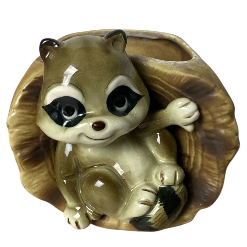 Relpo Raccoon in Log Planter #57834 Vintage Japan Ceramic Woodland Decor